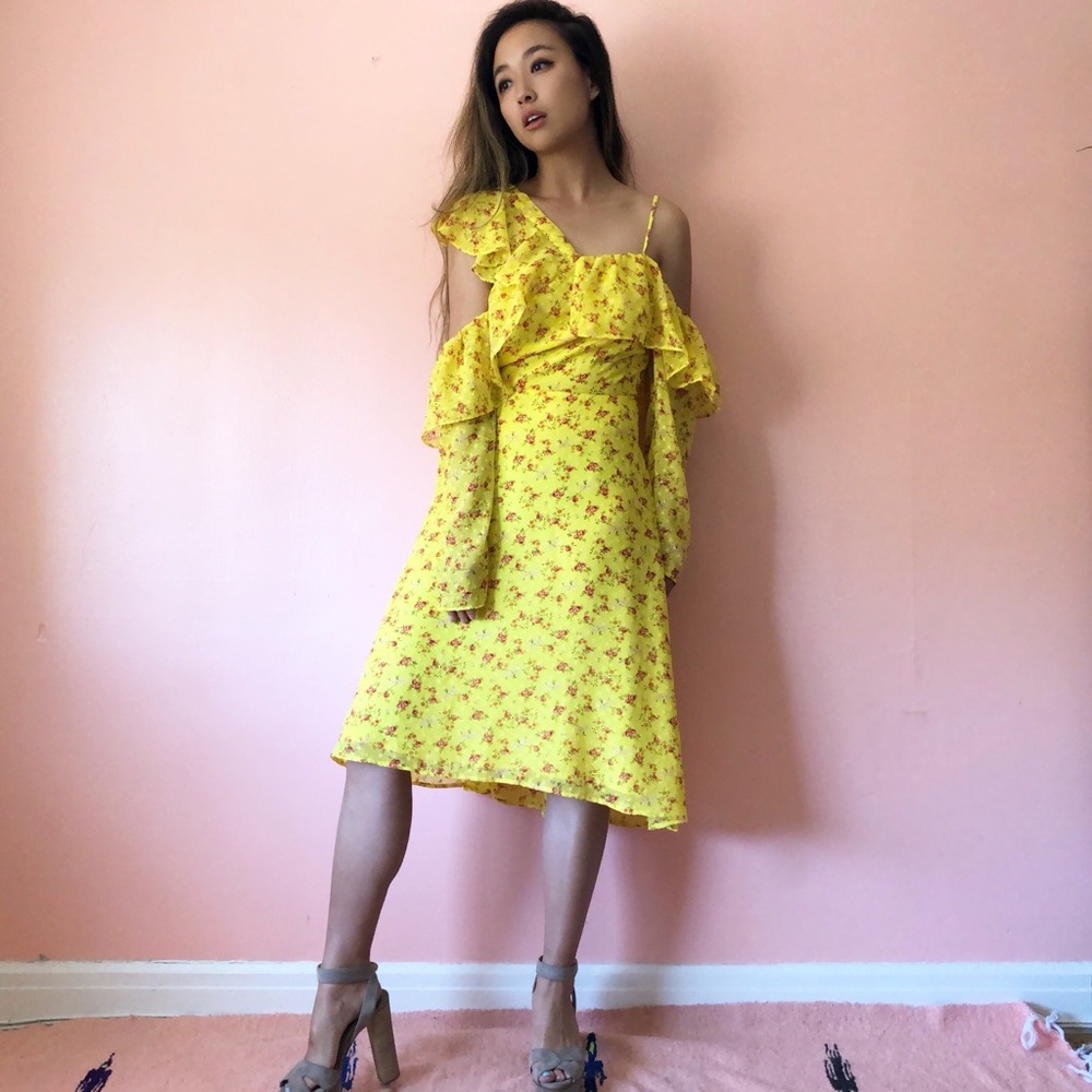 ASOS Yellow Floral Ruffle Midi Dress - Picture 1 of 4